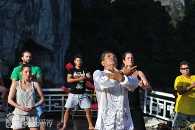 Tai chi Exercise when cruising in Halong Bay